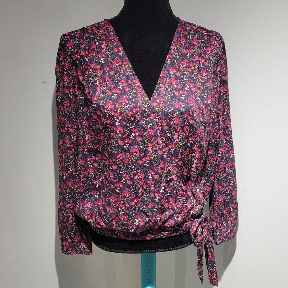 Lucky Brand Women's Wrap-Front Floral Long Sleeve Blouse Small Pink Cottagecore